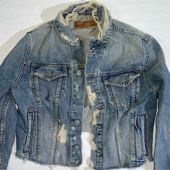 GRLFRND Cara Blue Denim Jacket Size XS Distressed USA Designer Raw Hem - Picture 3 of 10